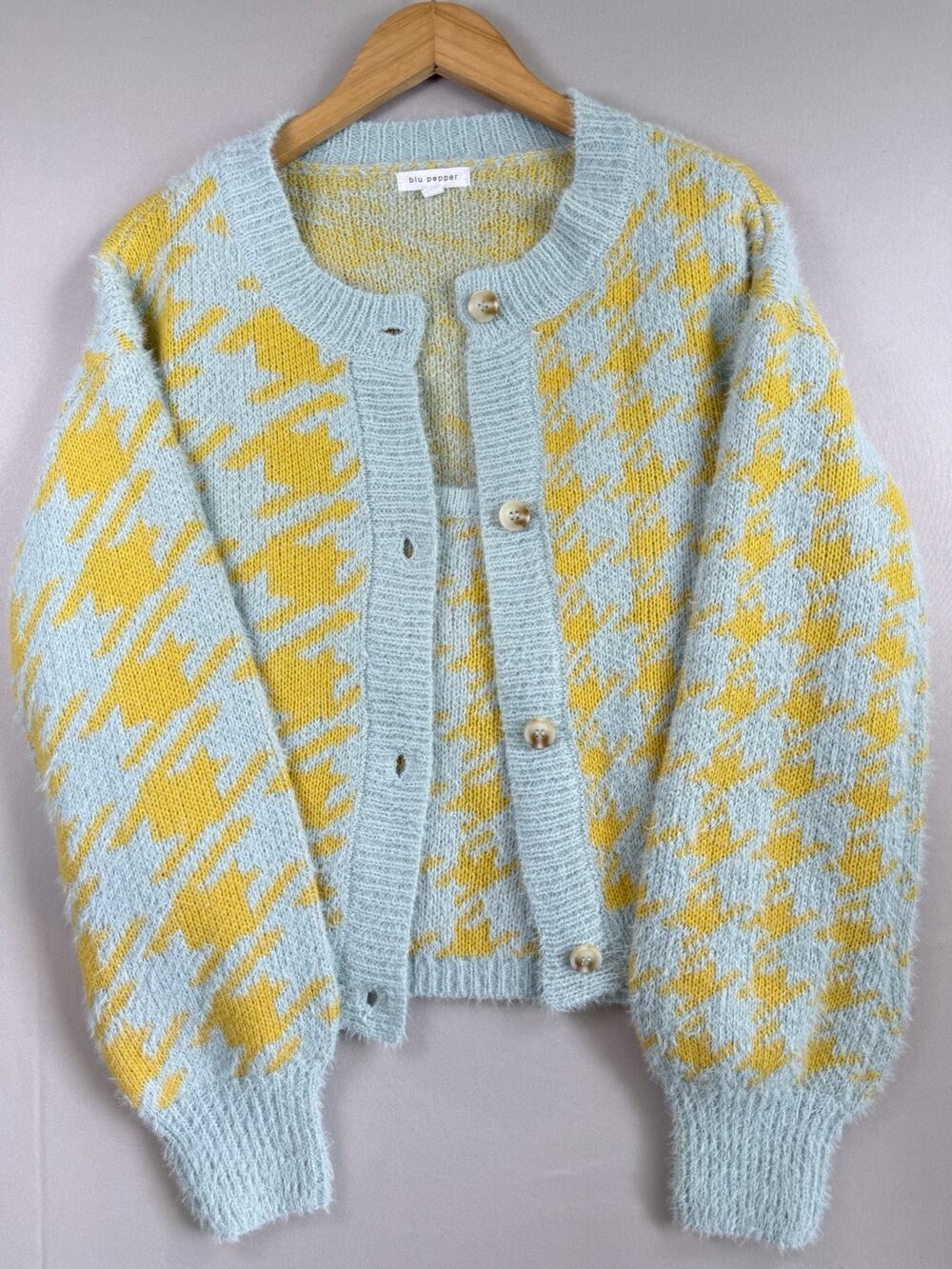 Blu Pepper 2 Piece Houndstooth Sweater Tank Cardigan Set Blue Yellow Size M